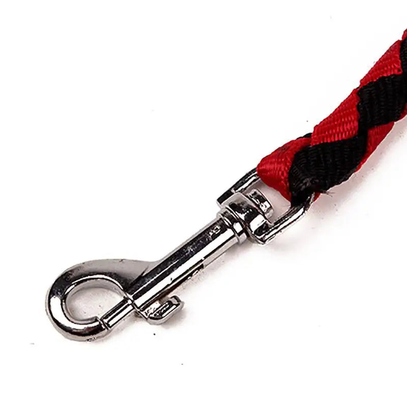 MyPawbloom 1.4m double pet leash with 2-way coupler showing durable nylon straps and metal clips for walking two dogs simultaneously.