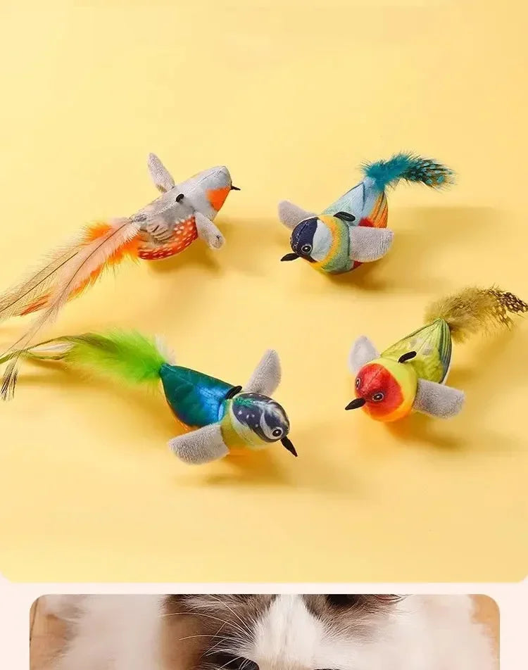 Rechargeable plush bird toy for cats by mypawbloom, with chirping, flapping, and squeak features, touch-activated catnip fun.