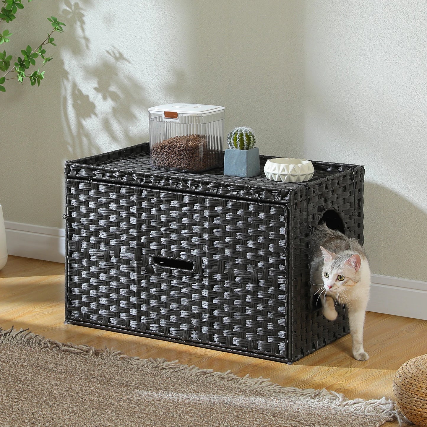 Rattan cat litter box enclosure by mypawbloom with tall doorway for easy access, stylish natural rattan design.
