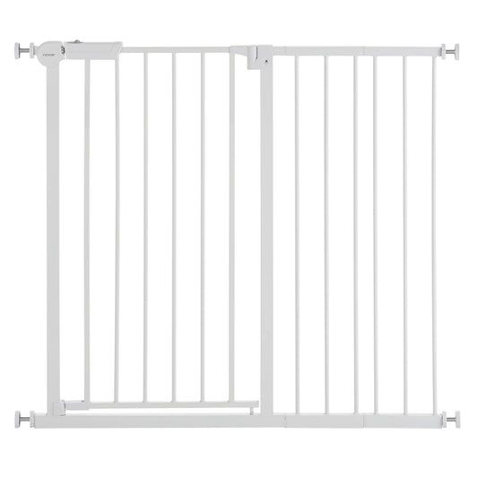 Mypawbloom adjustable metal dog gate 28-36 inches high with easy step walk-thru for pets and home safety.