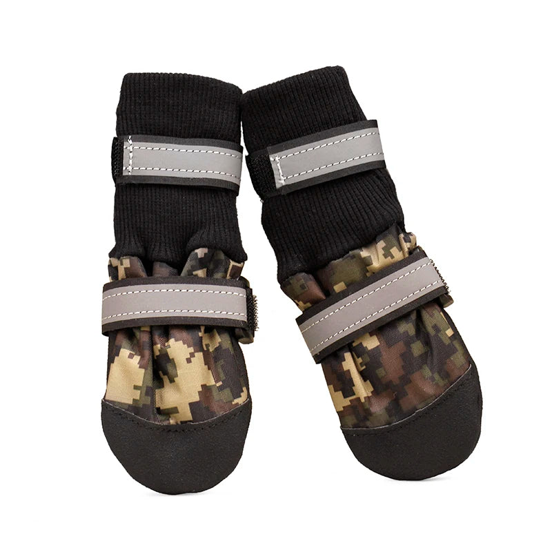 Waterproof anti-slip high shoes for large and medium dogs in camouflage, designed by mypawbloom, shown on a dog.