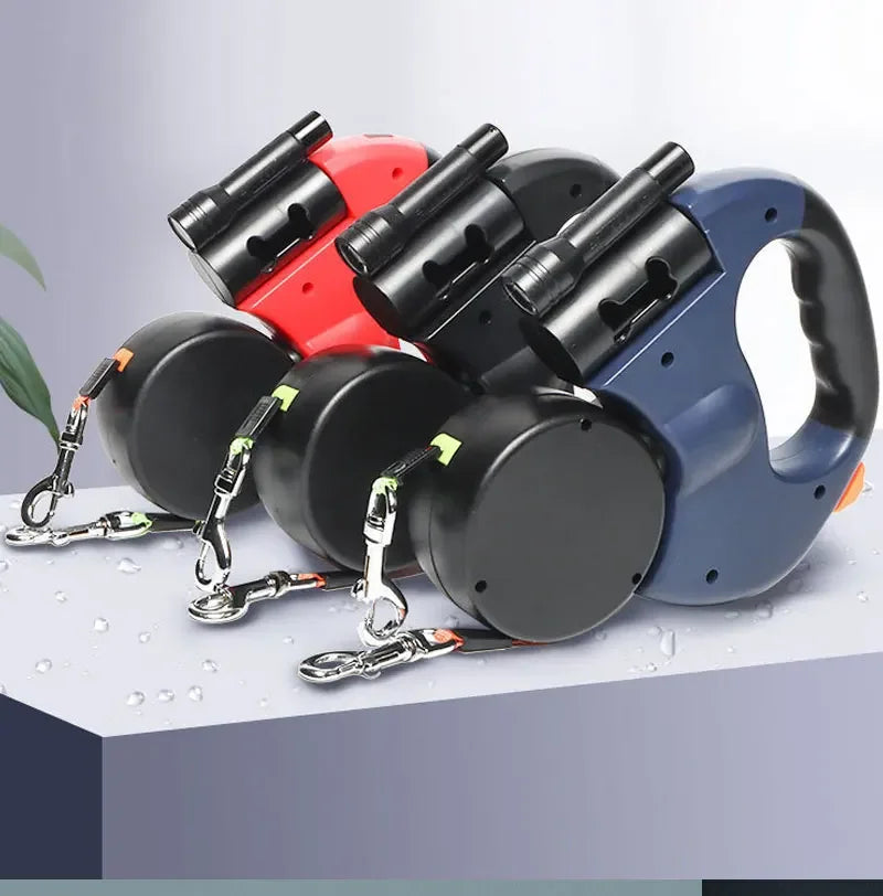 MyPawbloom 3-in-1 retractable dog leash with double heads, flashlight, and poop bag dispenser in a compact design.