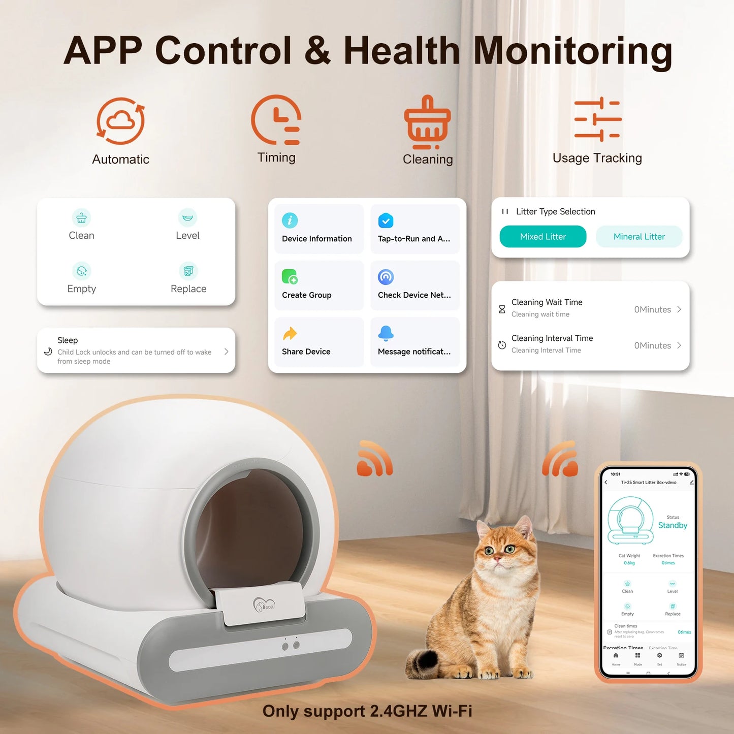 mypawbloom DOEL 65L self-cleaning cat litter box with app control, showing digital display and sleek design.