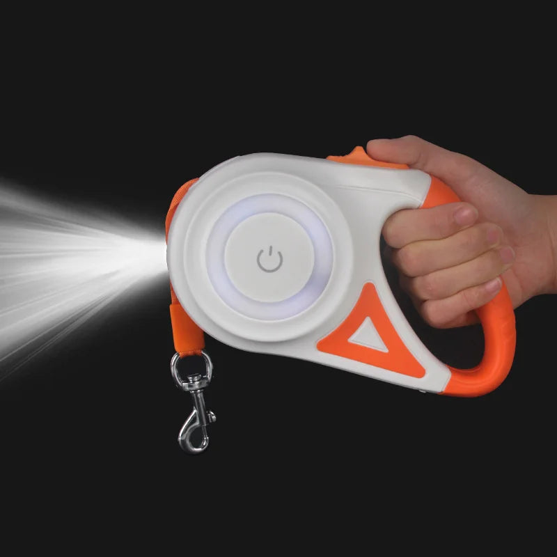 MyPawbloom 5M automatic retractable dog leash with LED flashlight, showcasing the leash extended with a comfortable handle and built-in light.