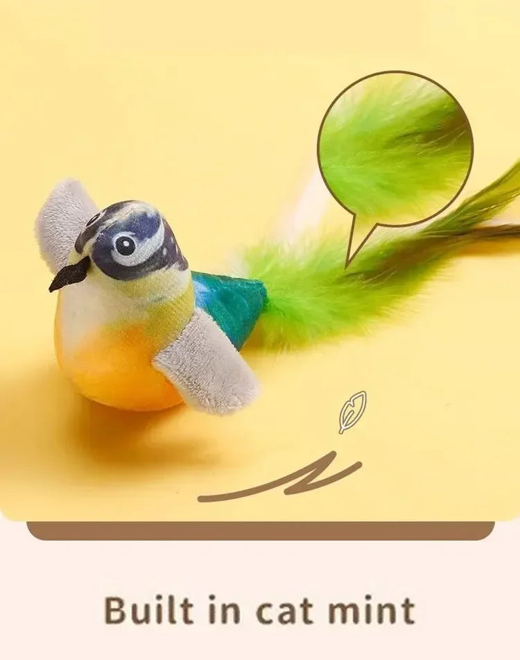 MyPawbloom rechargeable chirping flapping bird plush catnip toy with touch-activated squeak for cats, soft and colorful.