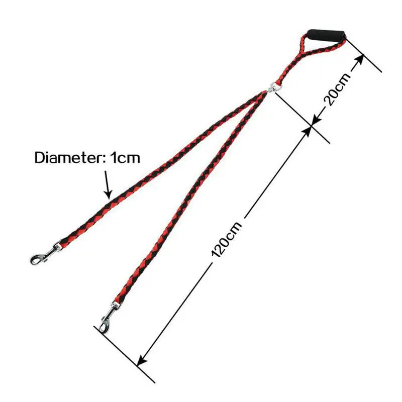 MyPawbloom 1.4m double pet leash with 2-way coupler showing adjustable straps and secure clips for walking two dogs simultaneously.
