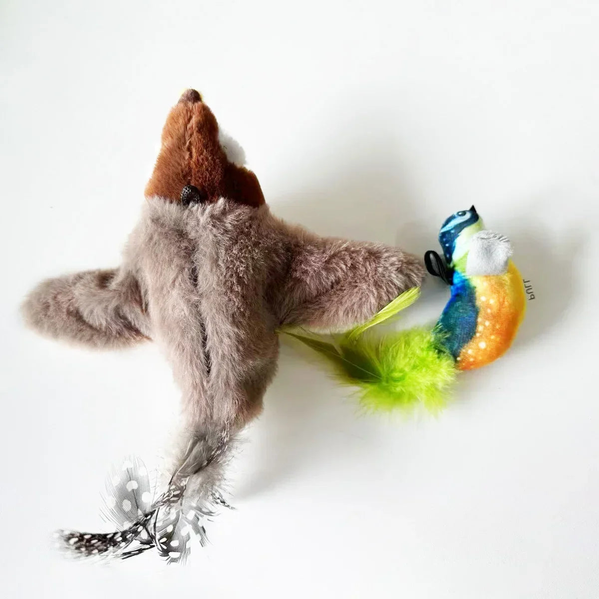 Rechargeable chirping and flapping plush bird toy for cats by mypawbloom, touch-activated with squeak and catnip filling.