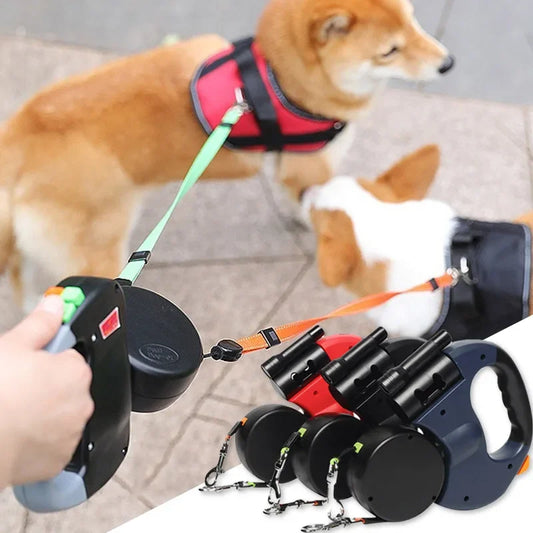 MyPawBloom 3-in-1 double head automatic retractable dog leash with flashlight and poop bag dispenser, shown with leash and accessories.