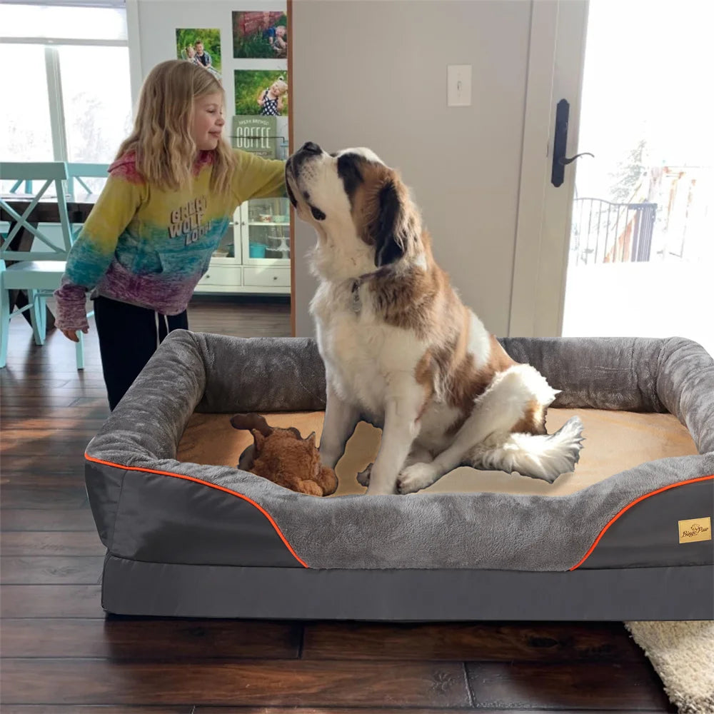 Large orthopedic dog bed with memory foam and removable cover by mypawbloom, showcasing plush cushioning and durable fabric.