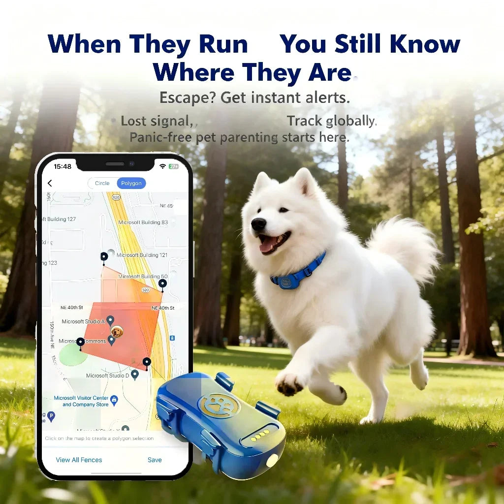 MyPawbloom GPS pet tracker for dogs and cats with built-in IoT SIM and WiFi tracking, shown on a pet collar.