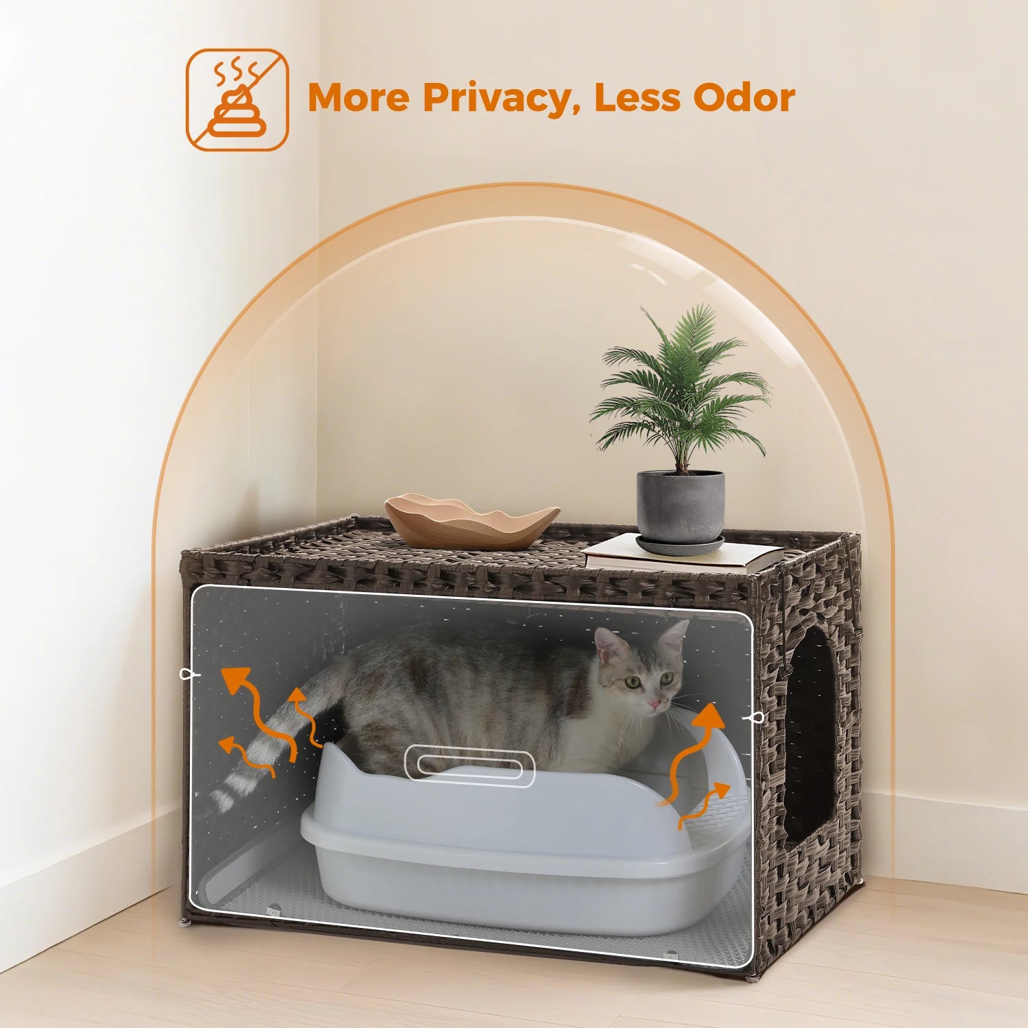 MyPawbloom rattan cat litter box enclosure with taller doorway, stylish natural design, offering privacy and ventilation for cats.