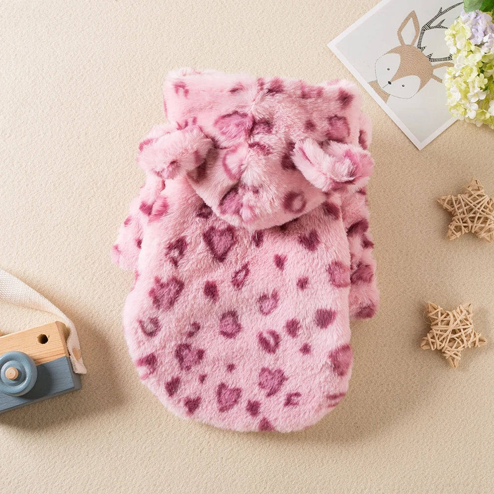 Warm Fleece Dog Hoodie Leopard Coat