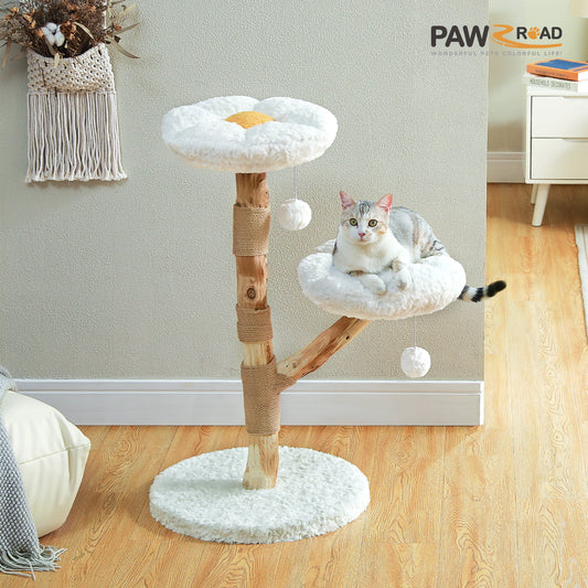 Modern wood flower cat tree for indoor cats by mypawbloom, featuring multiple platforms and decorative flower accents.