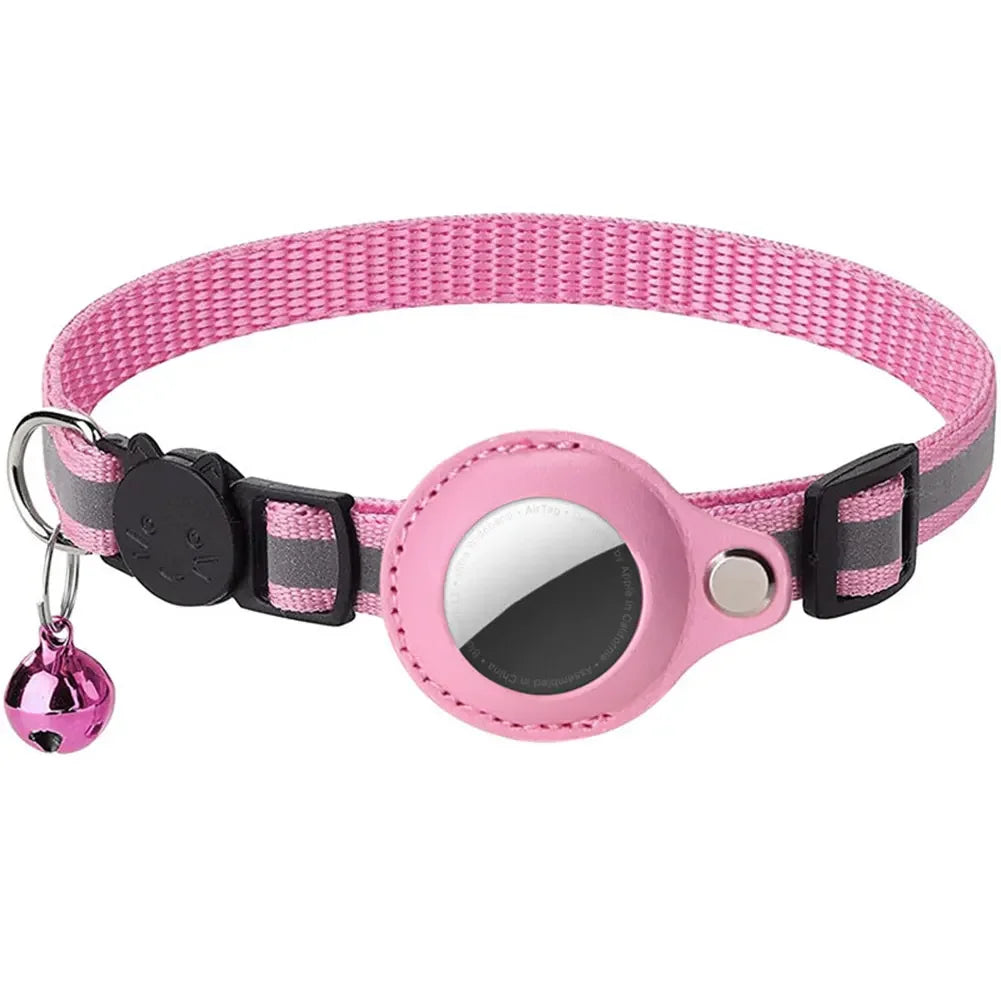Reflective cat collar with Apple AirTag holder from mypawbloom, featuring adjustable strap and safety reflective strip.