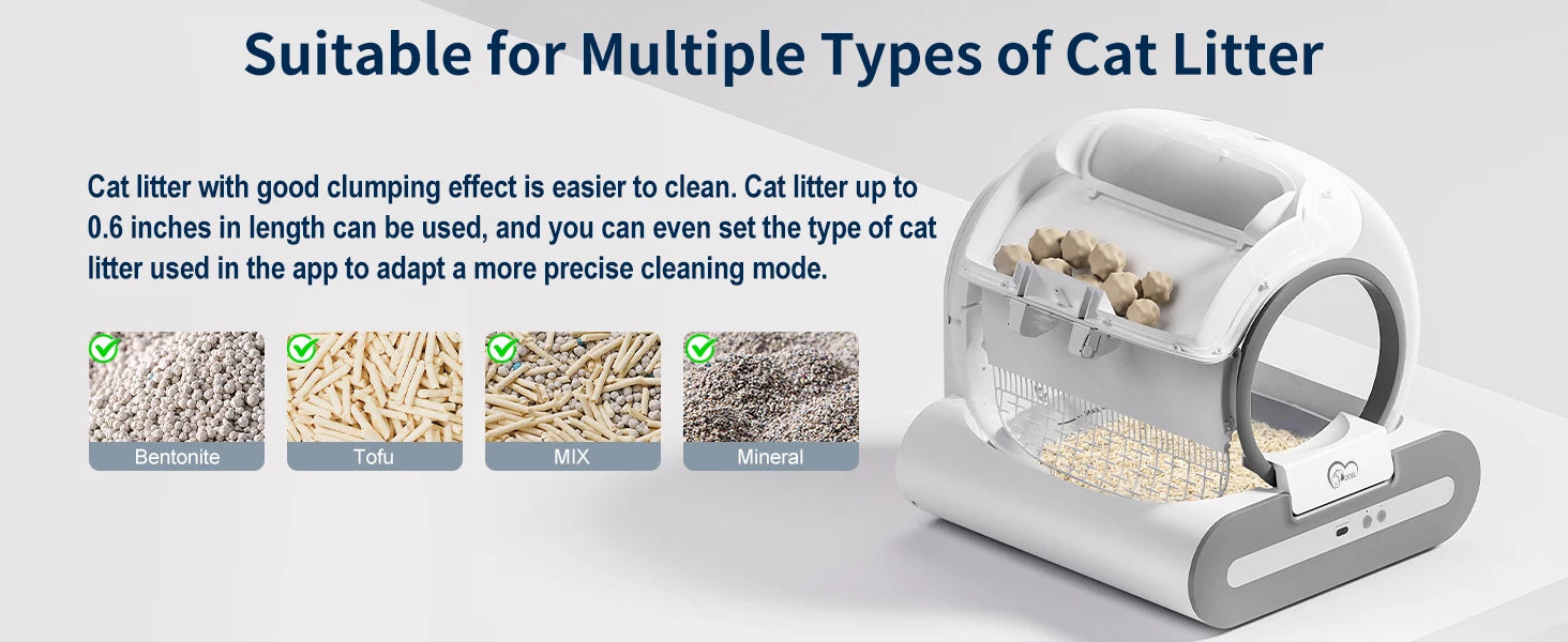 mypawbloom DOEL 65L self-cleaning cat litter box with app control, showcasing the sleek design and digital interface.