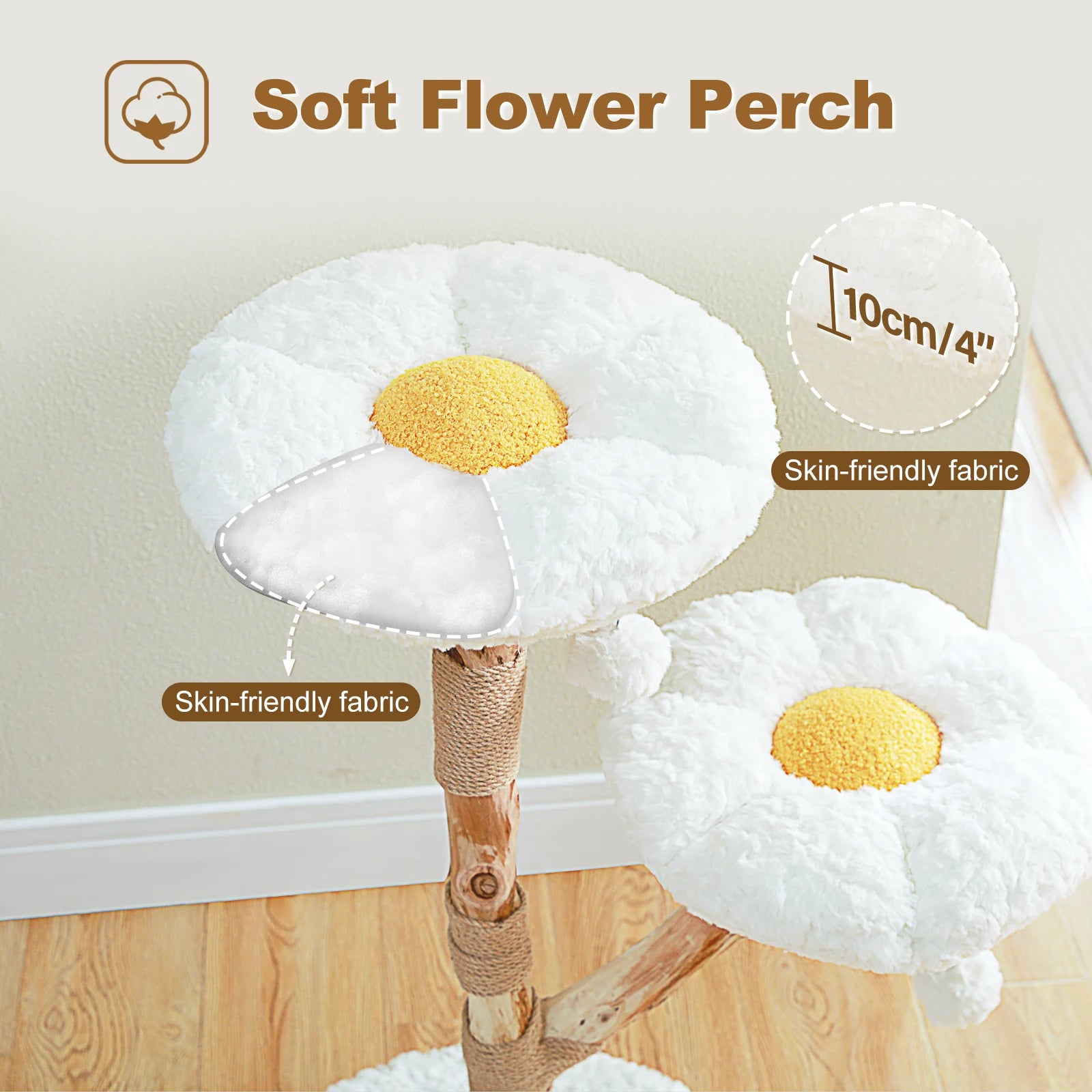 Modern wood flower-themed cat tree by mypawbloom, designed for indoor cats with multiple levels and cozy resting spots.