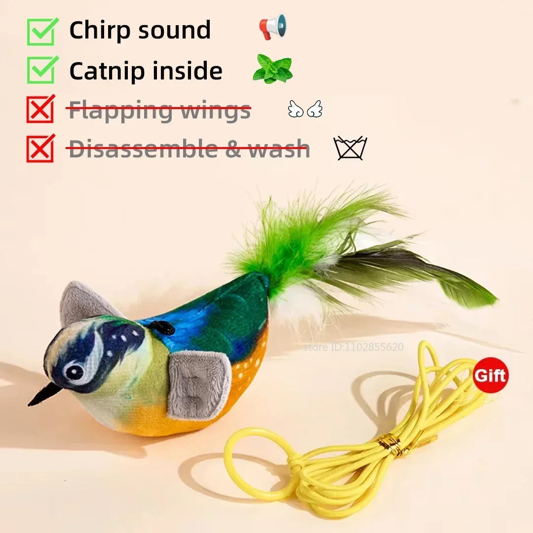 Rechargeable chirping and flapping plush cat toy with catnip, touch-activated squeaker, by mypawbloom, for engaging feline play.