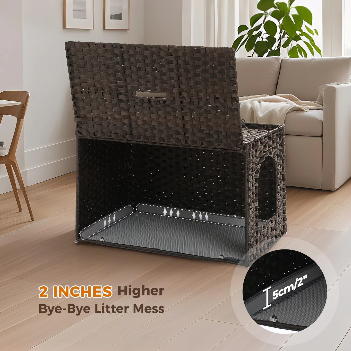 Rattan cat litter box enclosure by mypawbloom with a taller doorway, designed for stylishly hiding cat litter boxes.