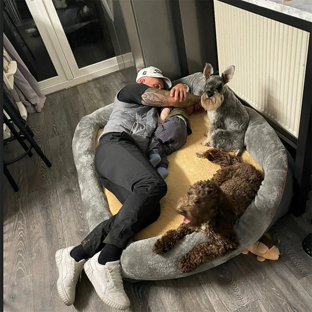 Large orthopedic dog bed with memory foam and removable cover by mypawbloom, featuring a cozy, cushioned surface for pets.