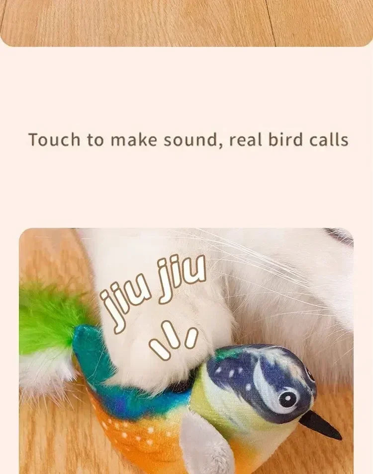 MyPawbloom rechargeable chirping, flapping plush bird toy for cats with catnip and touch-activated squeak.