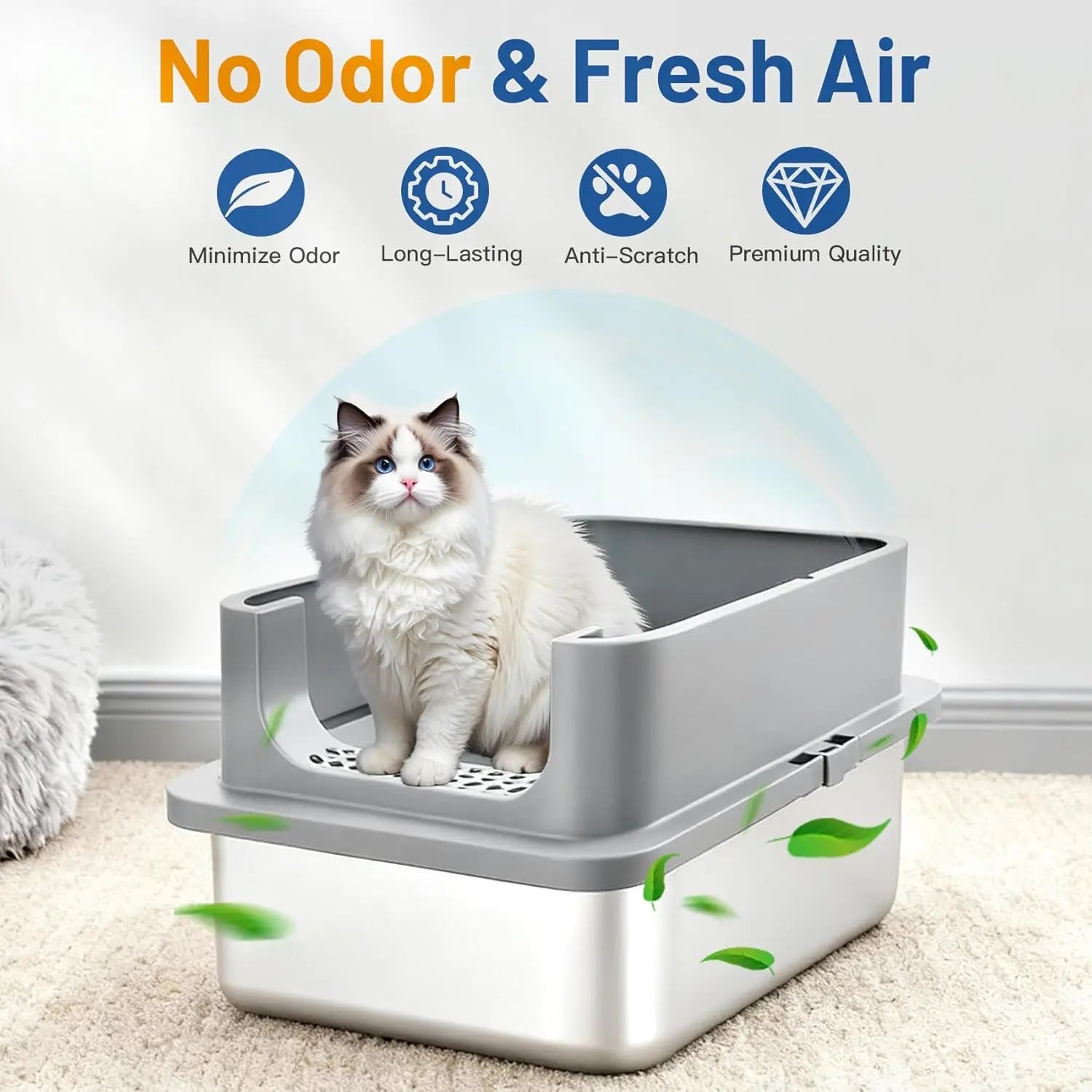 Two XL stainless steel cat litter boxes with lids from mypawbloom, showing sleek, durable design and secure lid features.