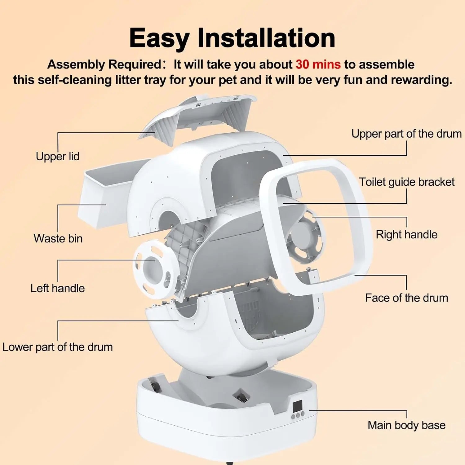 Automatic cat litter box by mypawbloom with app control and weight monitoring, featuring a sleek self-cleaning design for easy maintenance.
