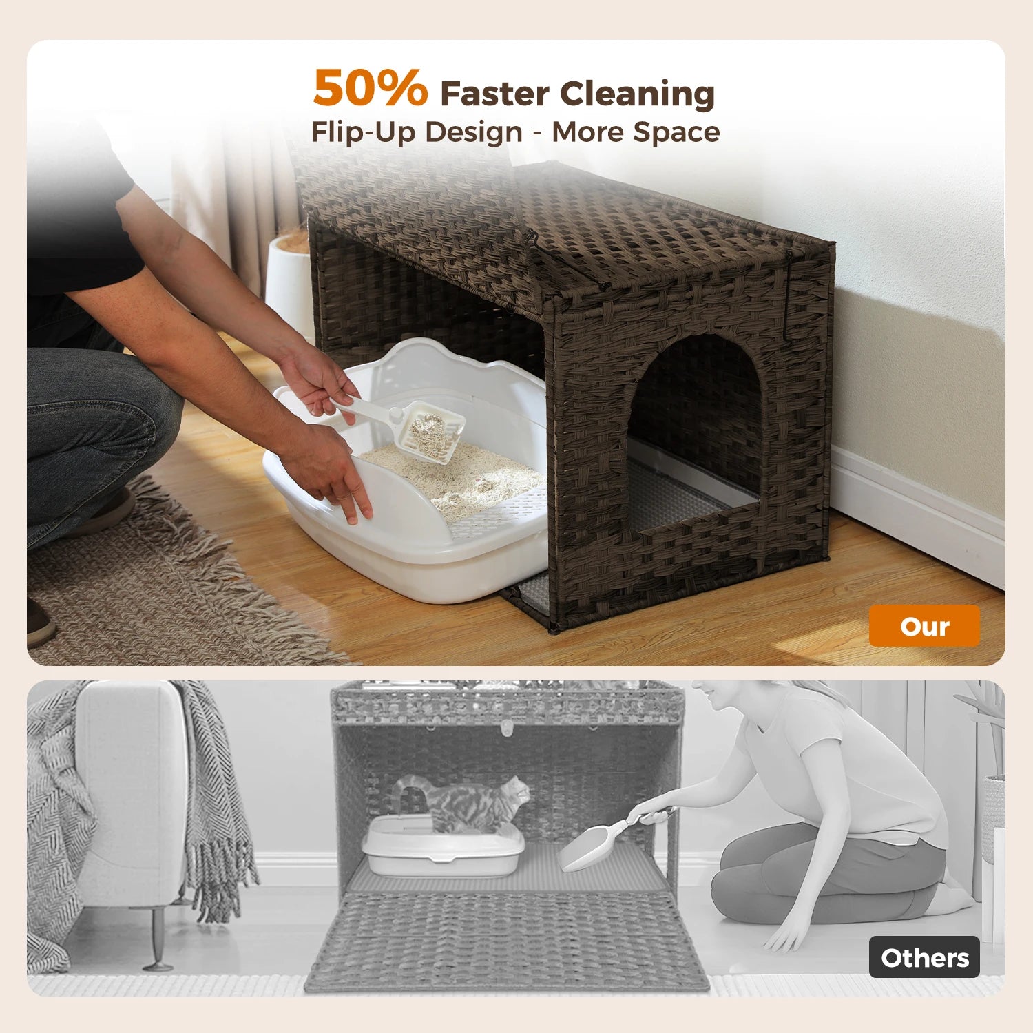 Rattan cat litter box enclosure with taller doorway, stylish and functional pet furniture by mypawbloom, showing the open door and rattan design.
