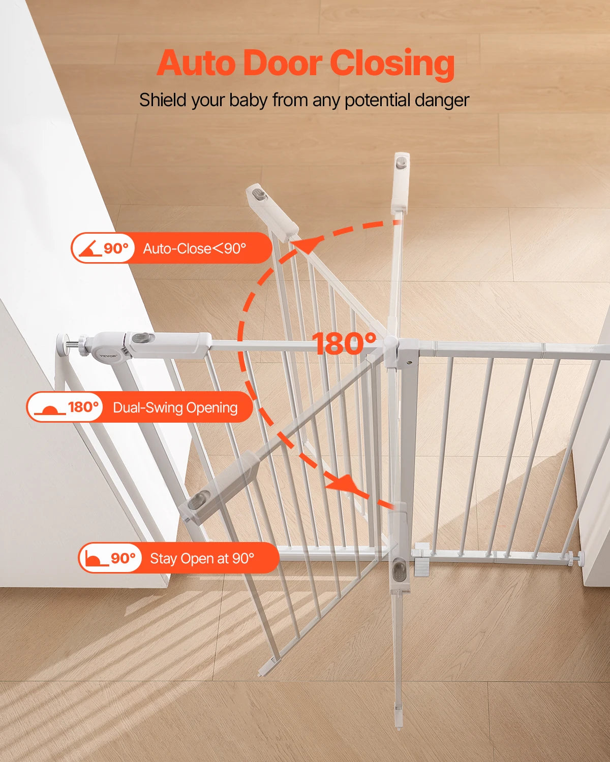 Mypawbloom dog gate with 28-36 inch height, easy step walk-thru design, shown in a home doorway for pet safety and containment.