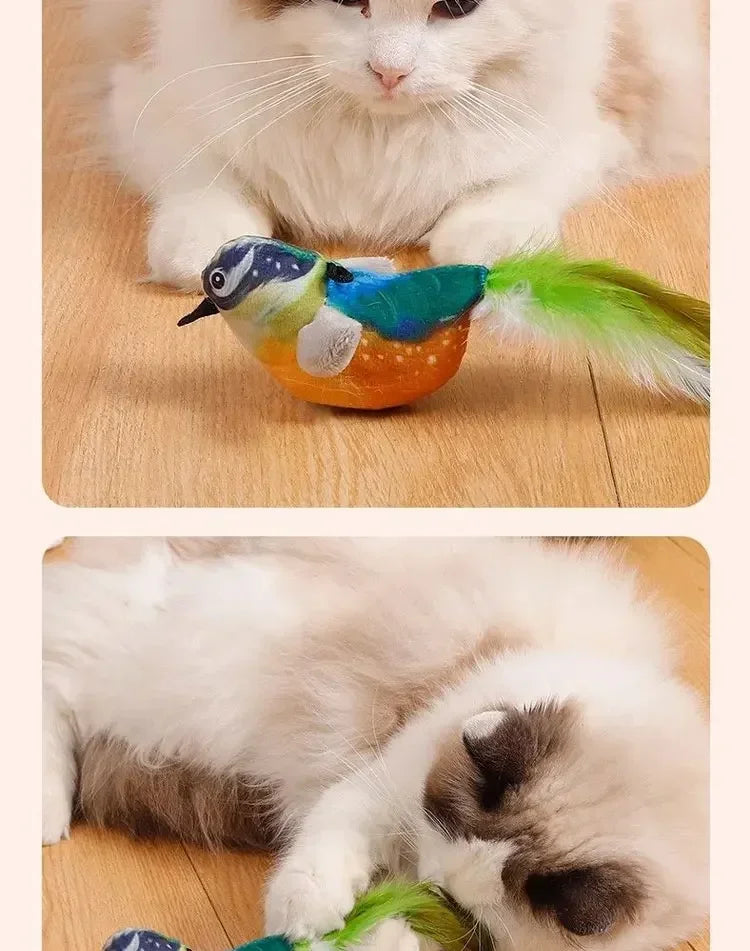 Rechargeable chirping flapping bird plush cat toy by mypawbloom with catnip, touch-activated squeak, and realistic bird design.