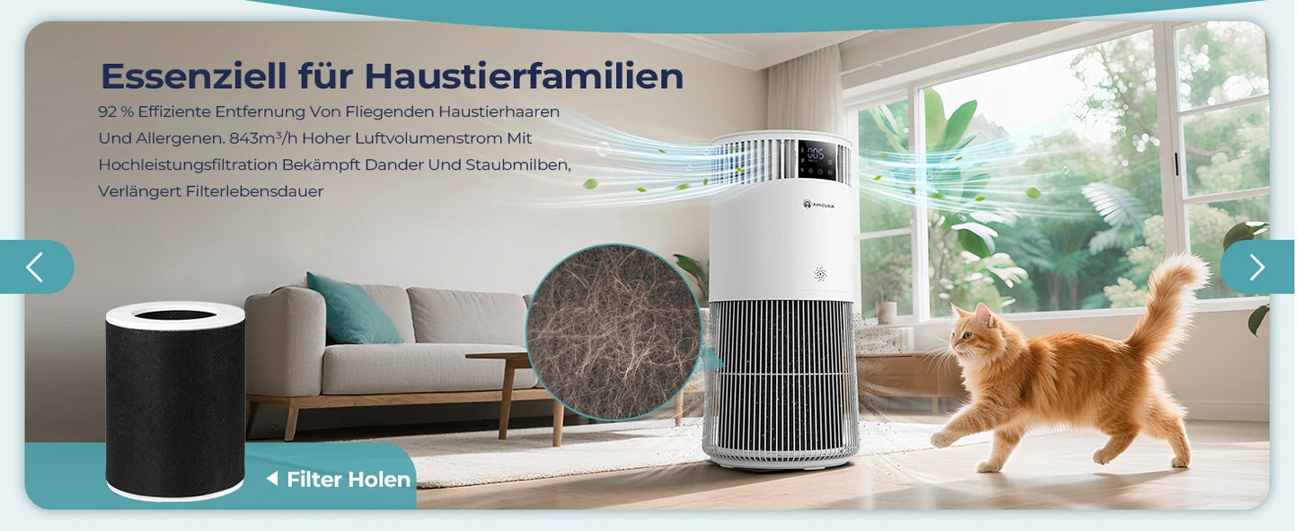 myPawbloom Amicura P2 air purifier designed for pet allergy sufferers, showing compact device with filter and control panel.