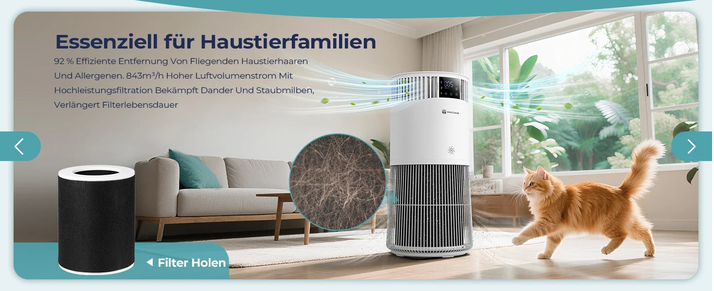 myPawbloom Amicura P2 air purifier designed for pet allergy sufferers, showing compact device with filter and control panel.