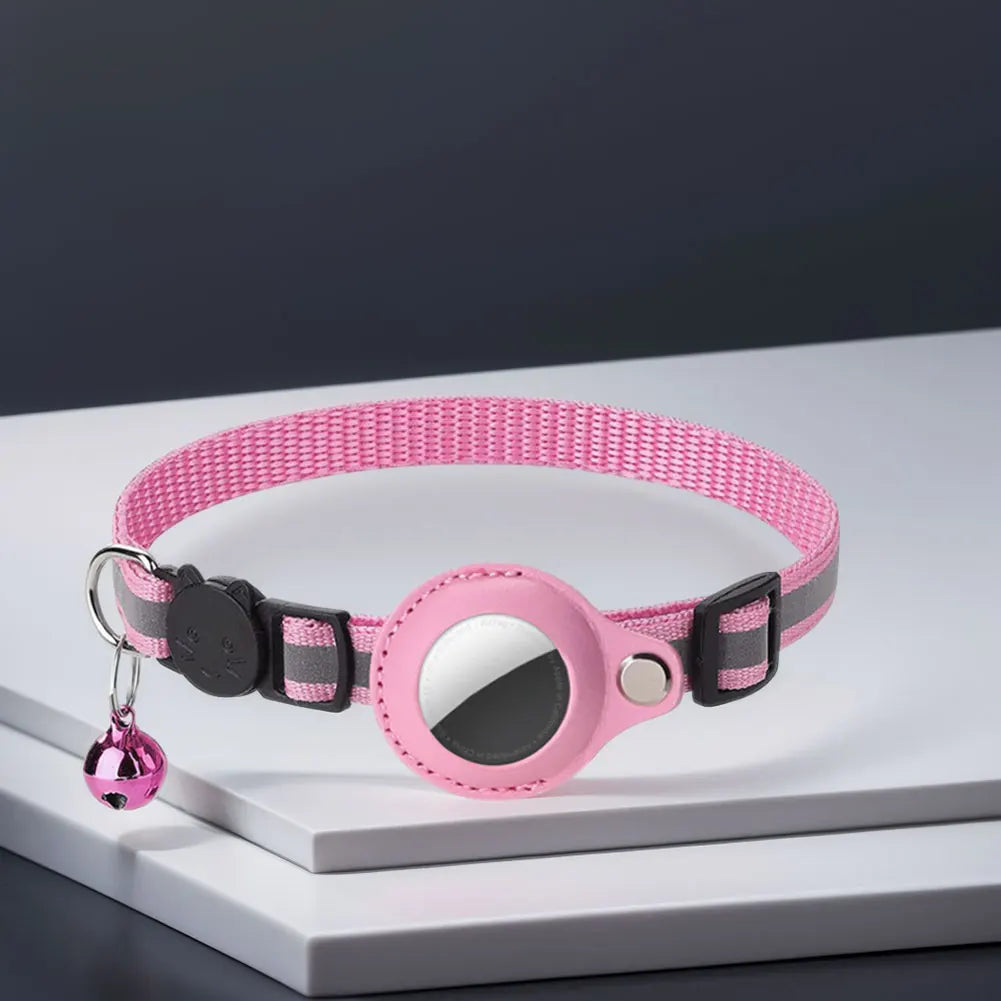 Reflective cat collar with Apple AirTag holder by mypawbloom, featuring safety reflective strip and adjustable strap.