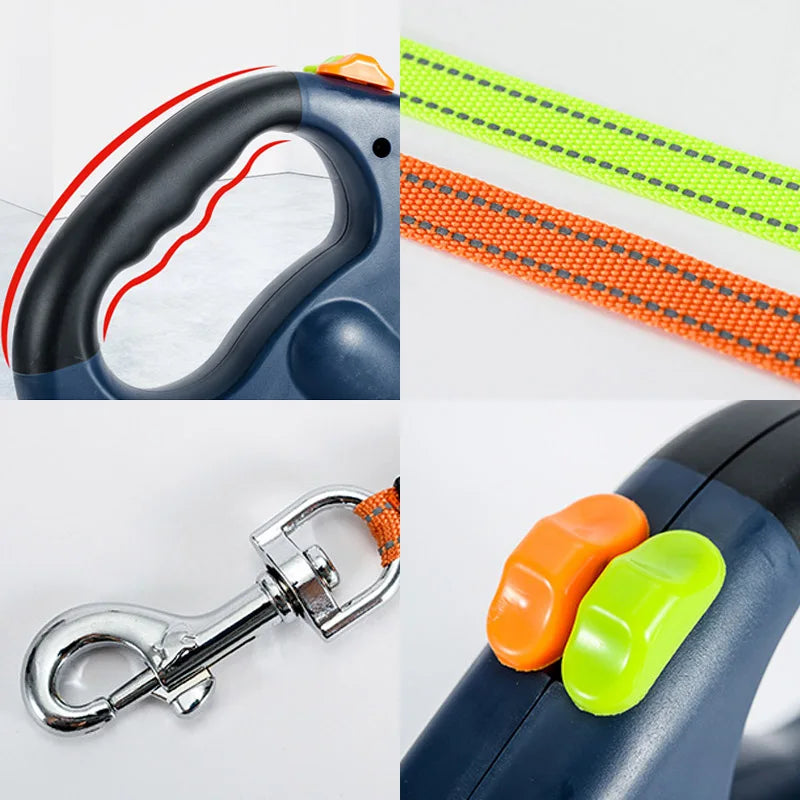 Mypawbloom 3-in-1 double head retractable dog leash with flashlight and poop bag dispenser, showing the leash extended with accessories