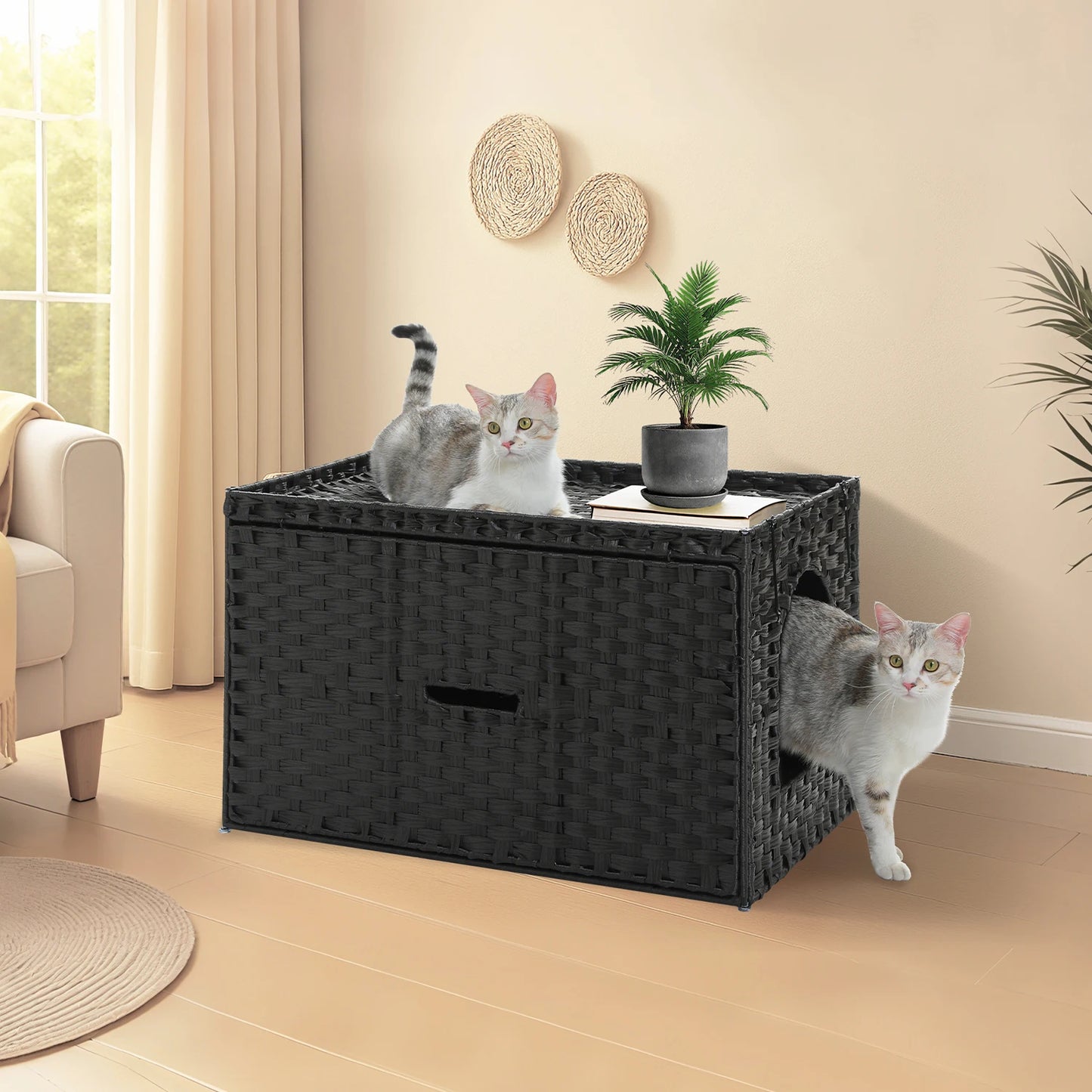 Rattan cat litter box enclosure with taller doorway by mypawbloom, featuring a natural woven design for stylish pet privacy.