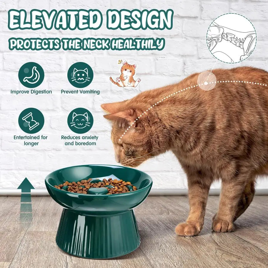 Set of 2 ceramic raised cat slow feeder bowls from mypawbloom with elevated design for easy feeding and digestion.