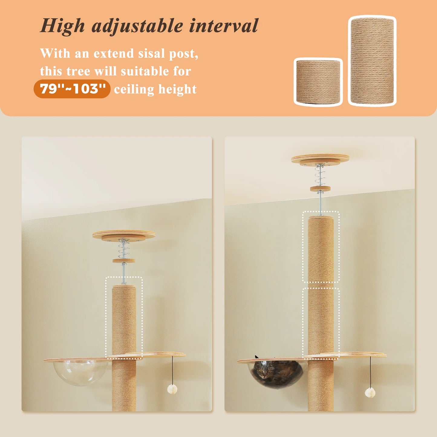 Adjustable height floor to ceiling cat tree by mypawbloom, featuring multiple platforms and cozy hideouts for indoor cats.
