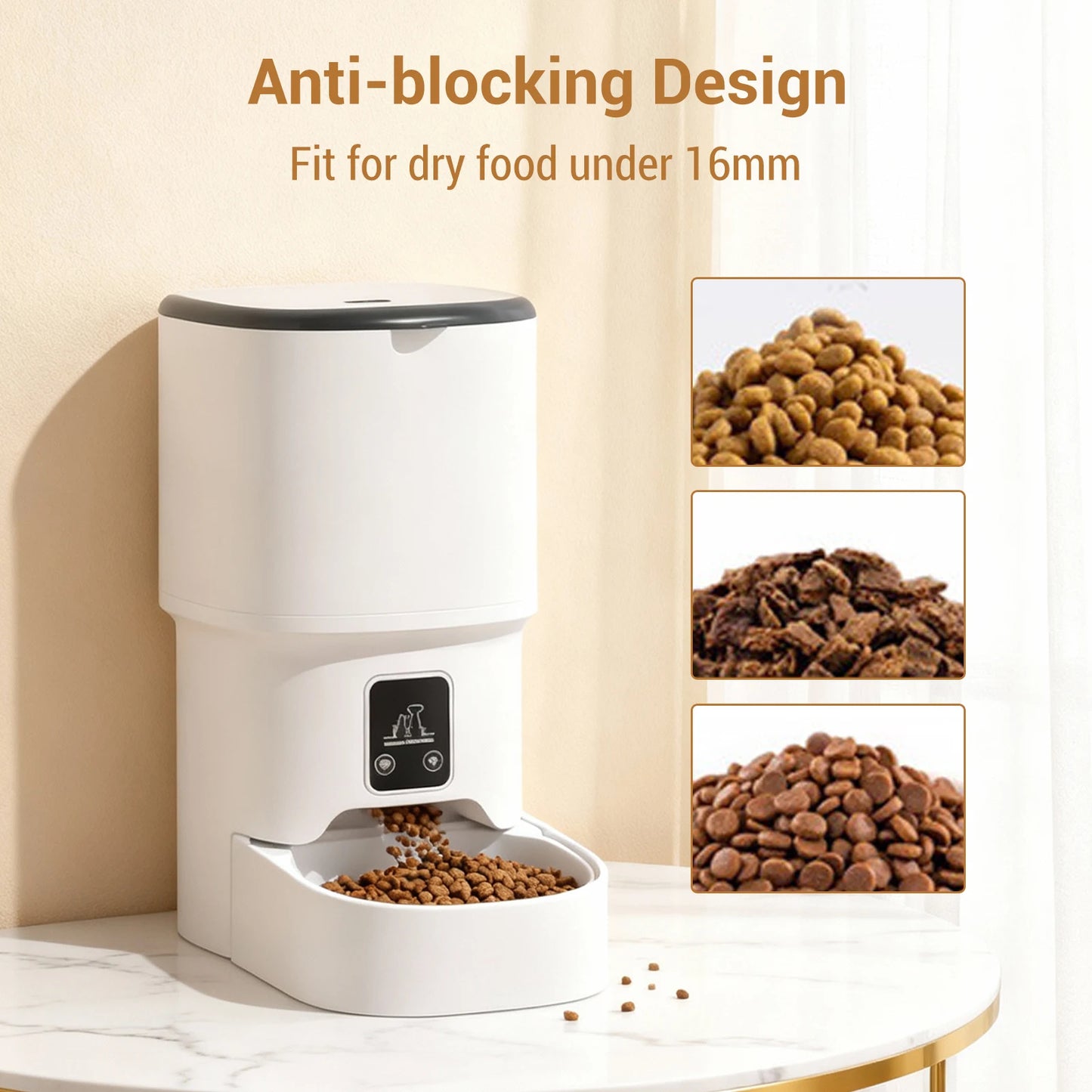 Mypawbloom programmable 4L automatic pet feeder for small dogs and cats, with digital controls and food storage compartment.