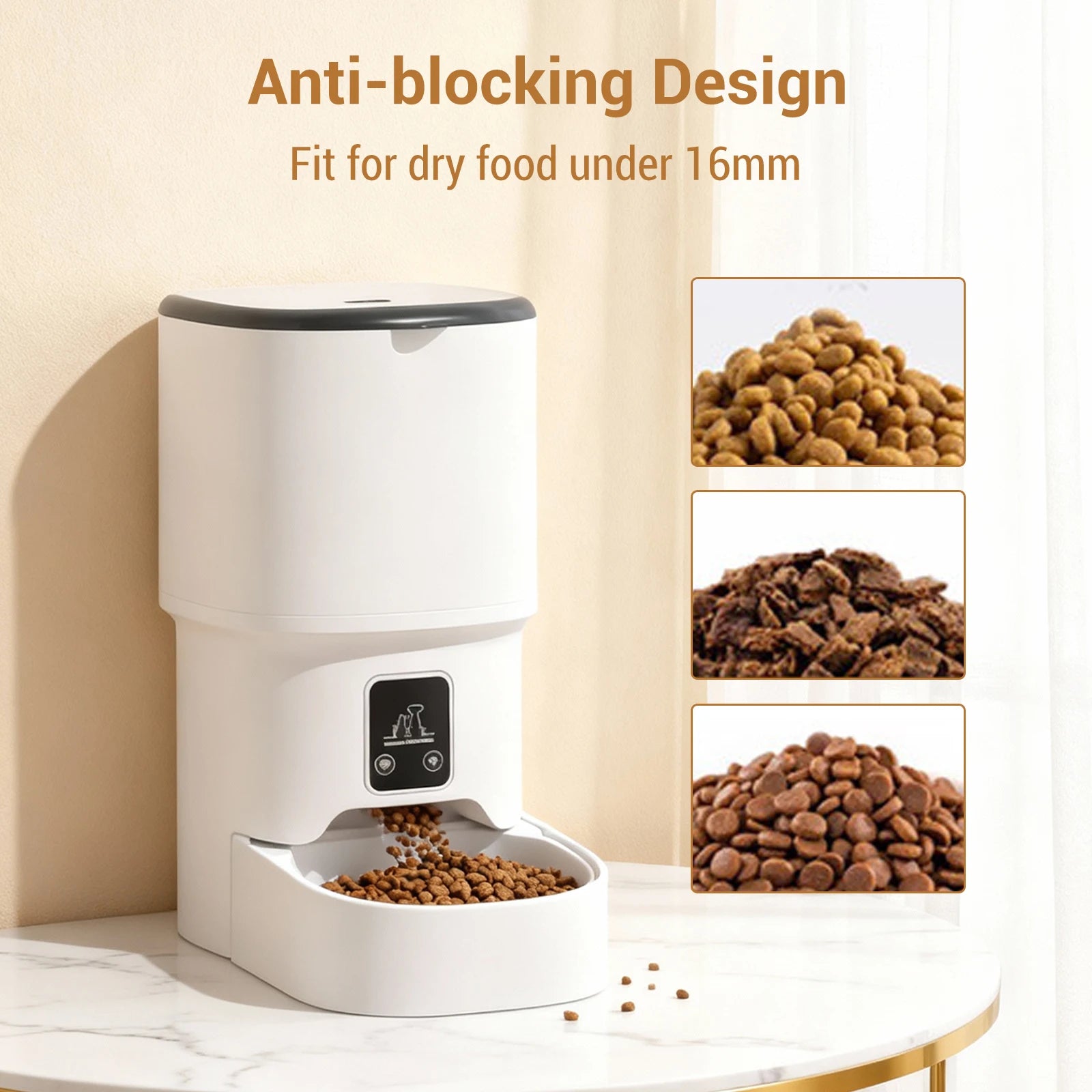 Mypawbloom programmable 4L automatic pet feeder for small dogs and cats, with digital controls and food storage compartment.