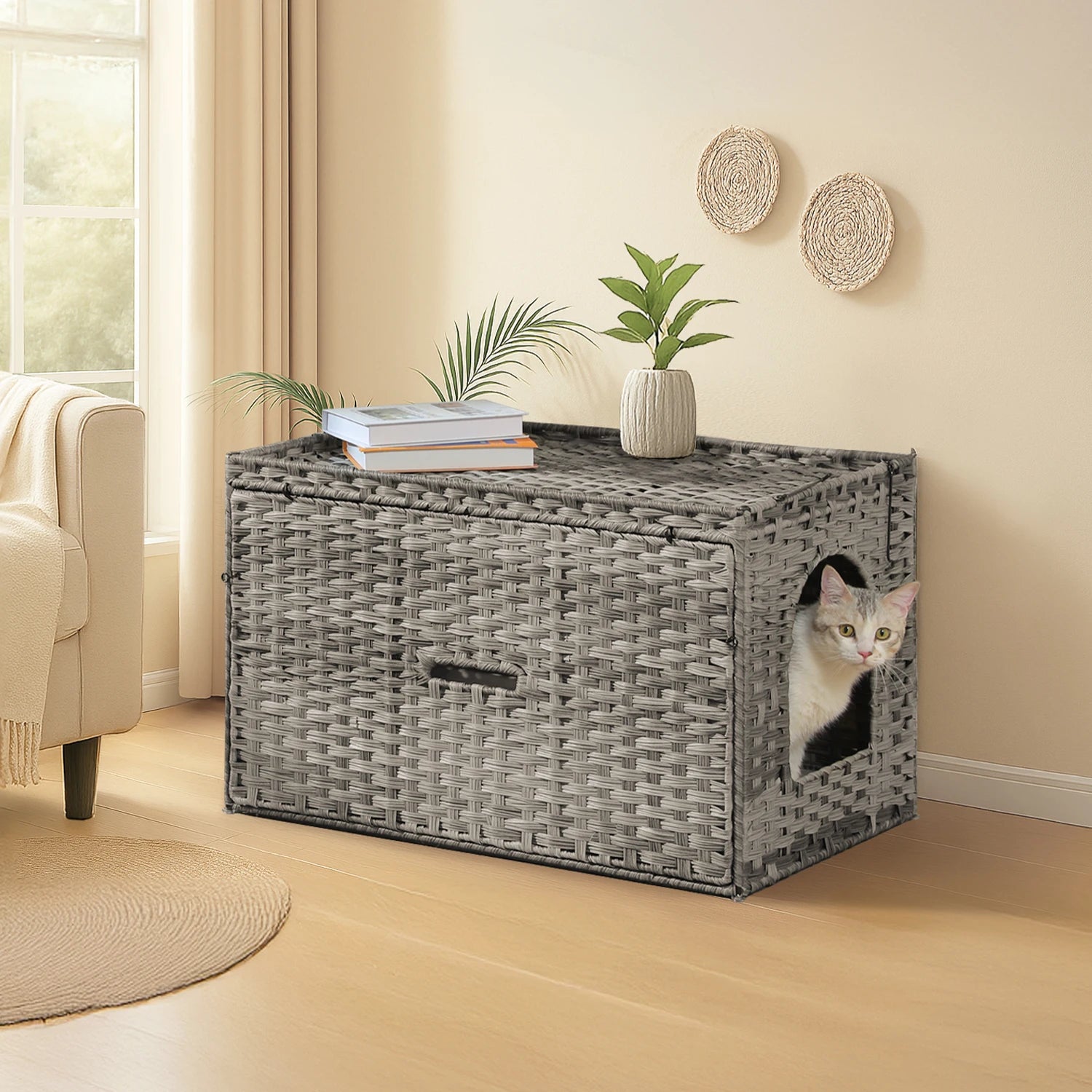 Rattan cat litter box enclosure with taller doorway by mypawbloom, showing the natural rattan design and open door for easy access.
