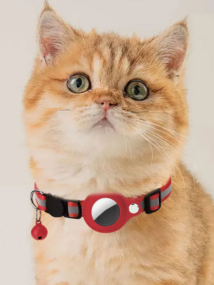 Reflective cat collar with Apple AirTag holder by mypawbloom, featuring safety reflective strip and adjustable fit.