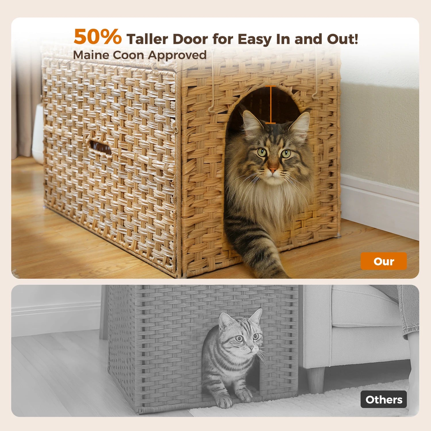 Rattan cat litter box enclosure by mypawbloom with a tall doorway, providing a stylish and functional hiding spot for cats.