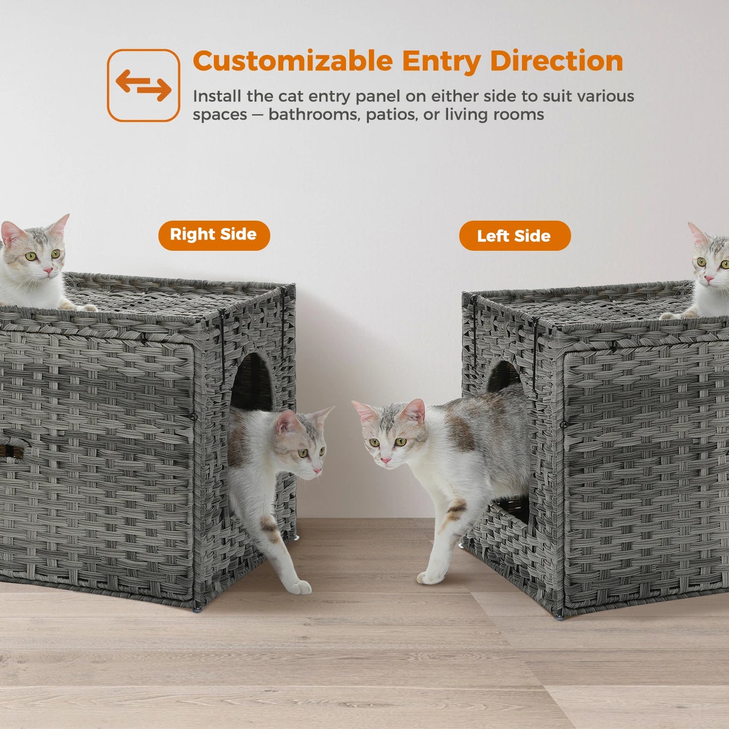 MyPawbloom rattan cat litter box enclosure with taller doorway, stylish natural rattan design, providing a private space for cats.