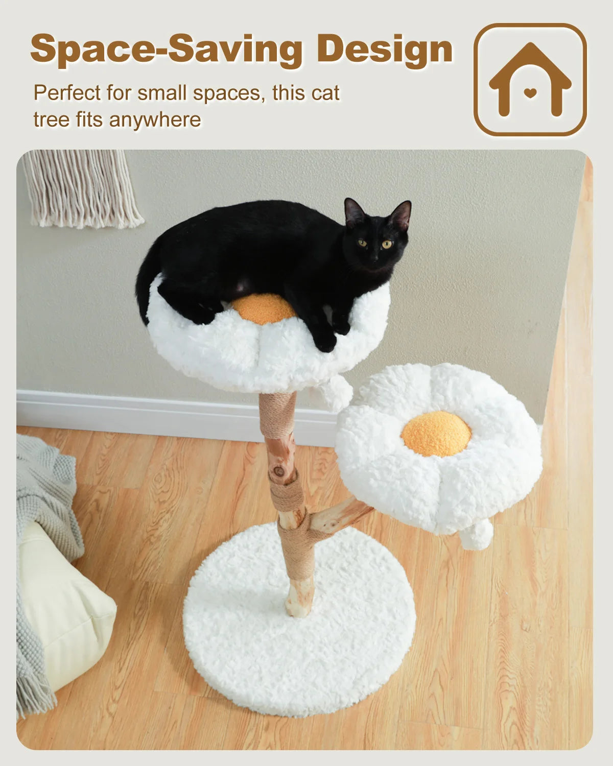 Modern wood flower cat tree for indoor cats by mypawbloom, featuring multiple levels and floral design for playful feline fun.