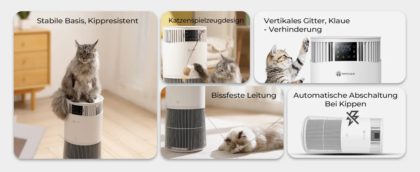 mypawbloom Amicura P2 air purifier designed for pet allergy sufferers, shown in a modern home setting with clean air indicators