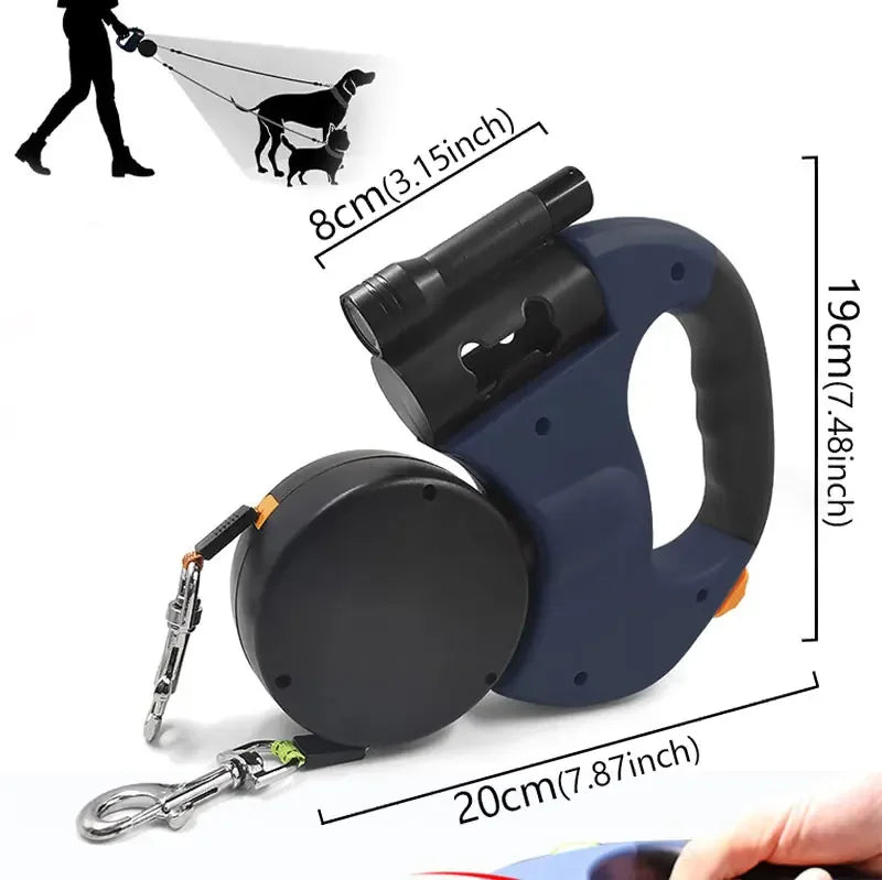 Mypawbloom 3in1 double head automatic retractable dog leash with flashlight and poop bag dispenser, shown with leash and accessories