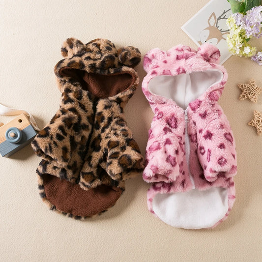 Warm Fleece Dog Hoodie Leopard Coat