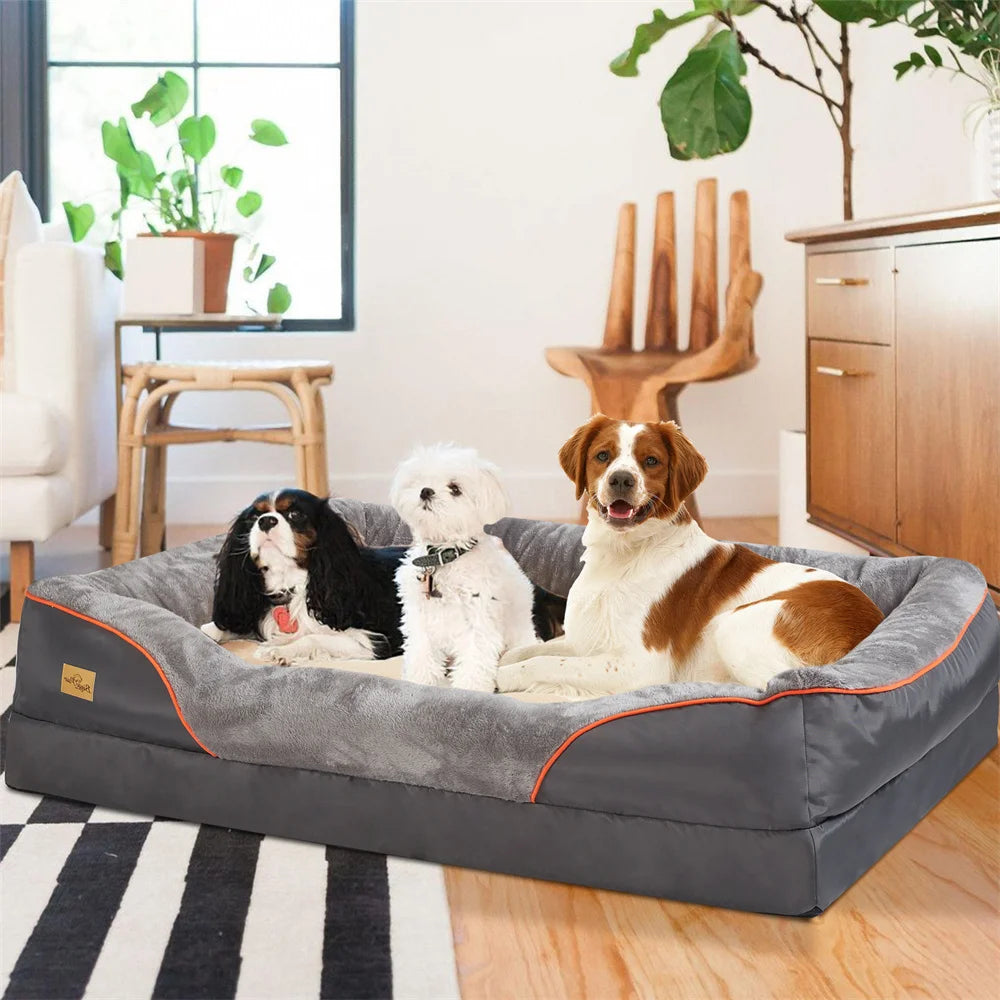 Large orthopedic dog bed with memory foam and removable cover by mypawbloom, featuring plush fabric and supportive cushioning.