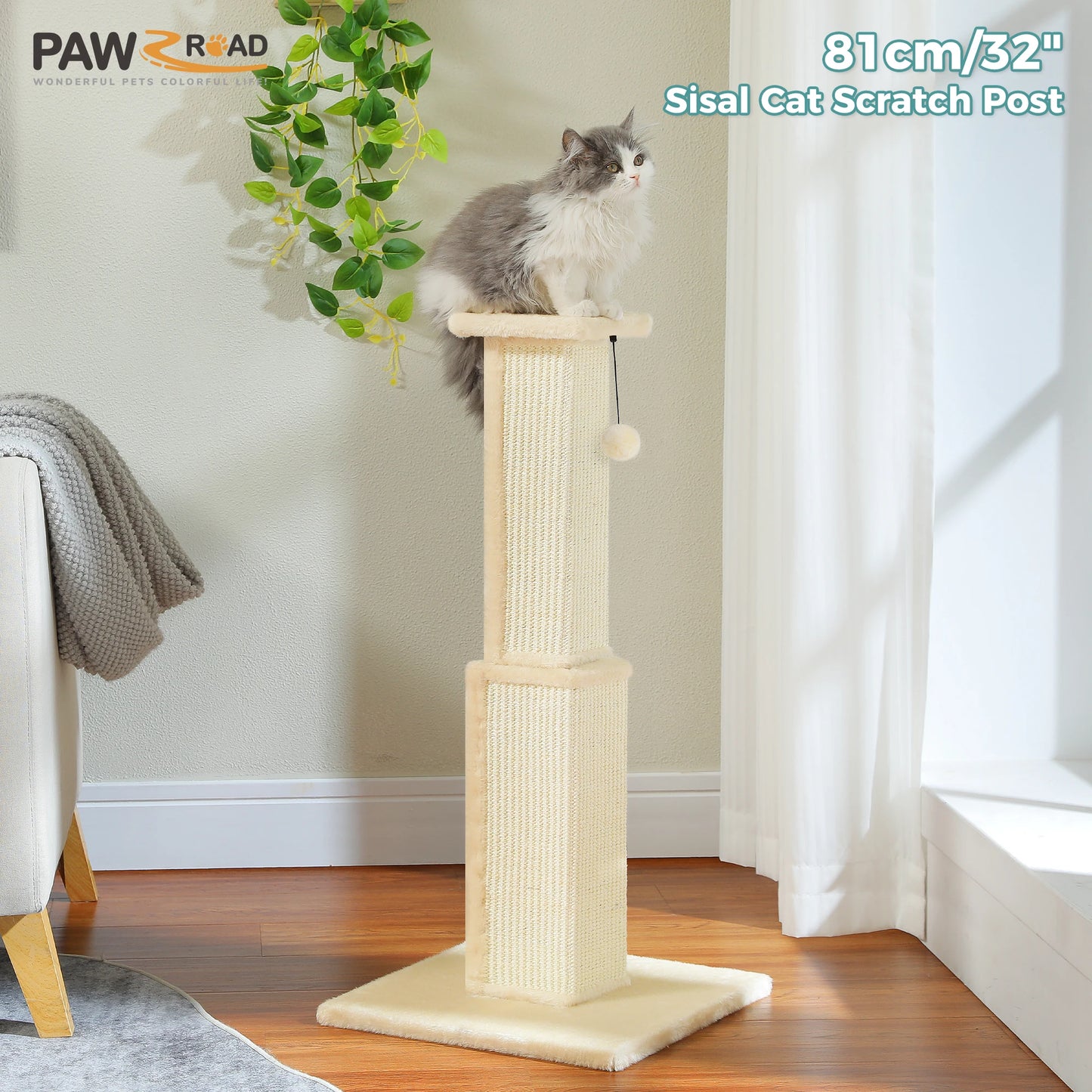 Large mypawbloom cat scratching post with sisal rope and cozy platform for cats to scratch and relax.