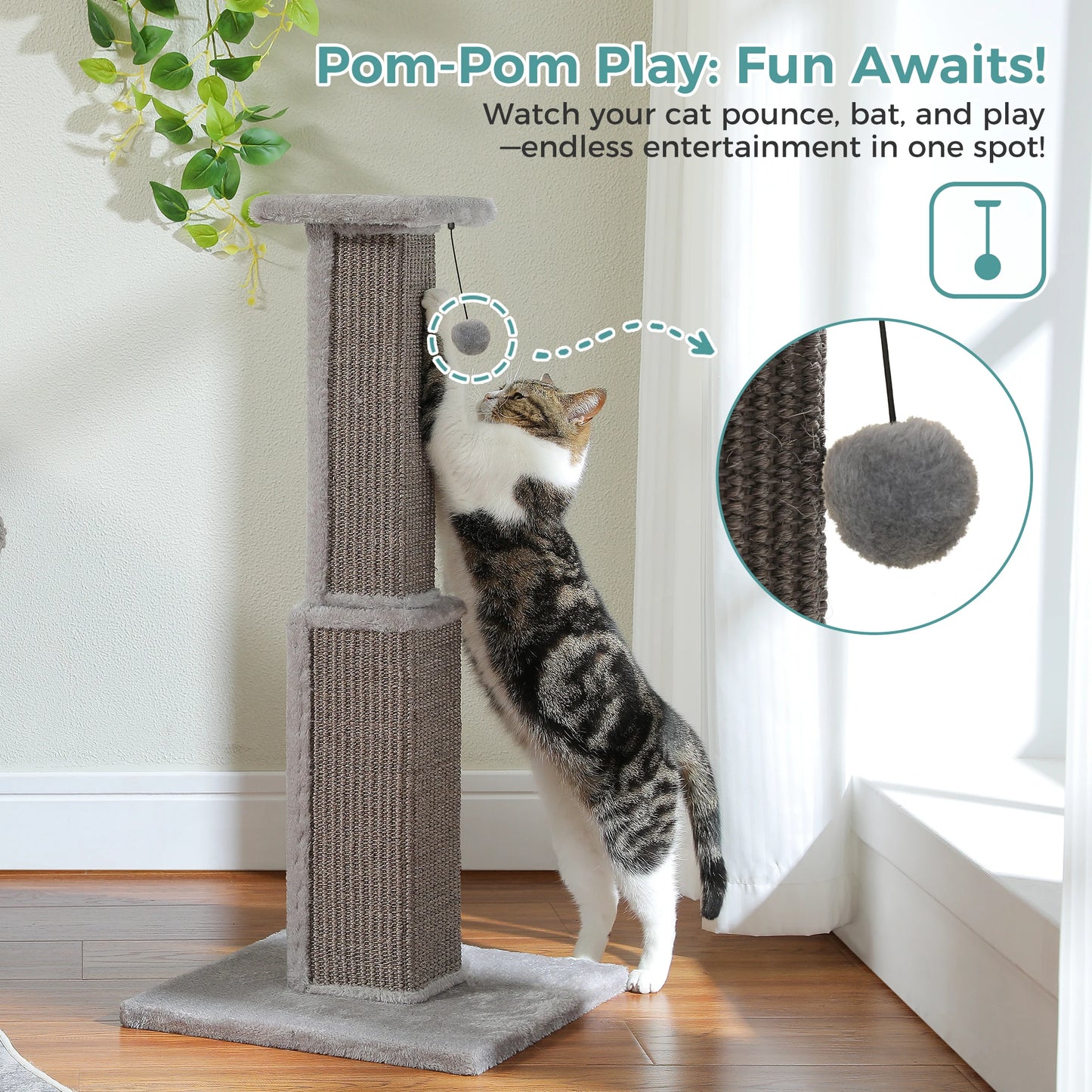 Large mypawbloom cat scratching post with sisal surface and cozy perch for cats to scratch, climb, and relax.
