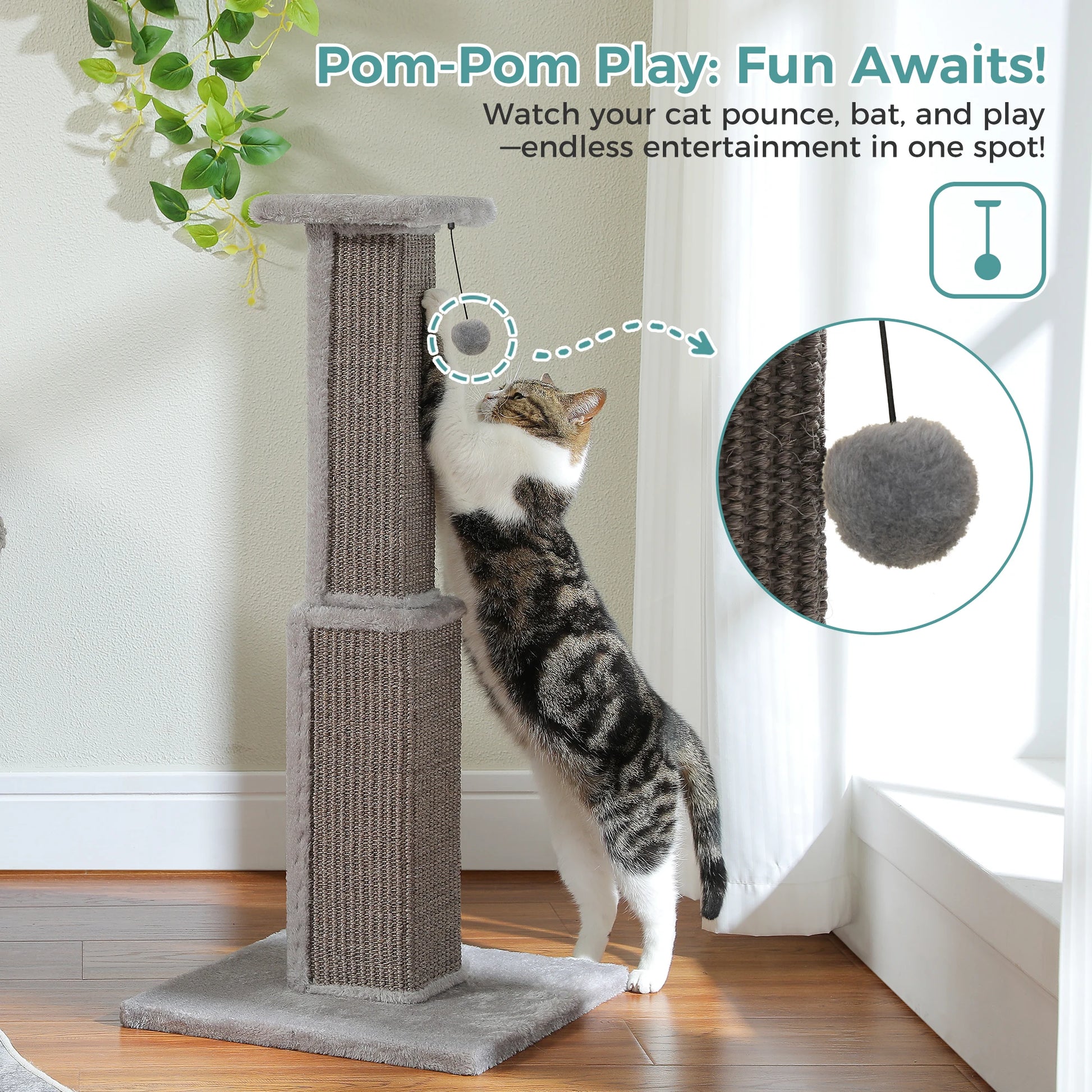 Large mypawbloom cat scratching post with sisal surface and cozy perch for cats to scratch, climb, and relax.